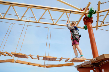 Happy little kid boy climbing on high rope course trail. Active child making adventure and action on family vacations. Challenge for brave kids.