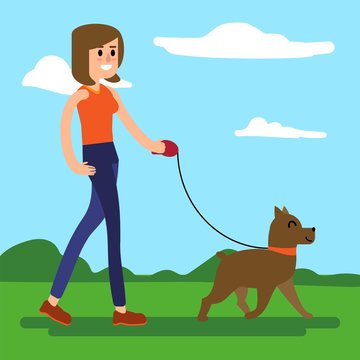 Walking with a dog vector illustration of a fresh air walking walk