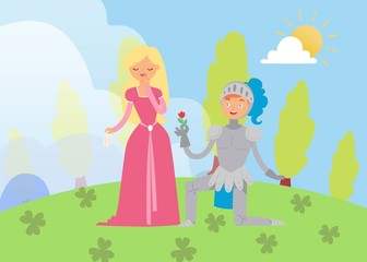 Obraz na płótnie Canvas Medieval fairy love tale knight and princess vector cartoon characters illustration. Fantasy knight on knee with flower and beautiful princess lady in dress. Knightly love and behavior.