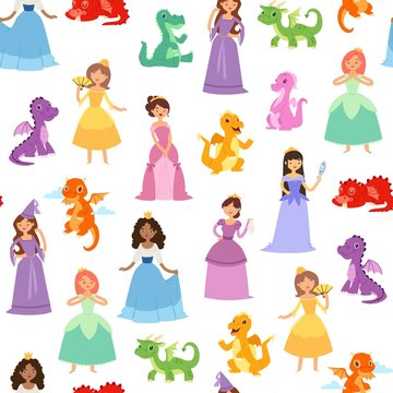 Princess and medieval girls and dragons seamless vector pattern. Fairytale girls princesses in colorful dresses and crowns with fanny baby dragons isolated on white background for textile for girls.