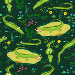 Seamless pattern with swimming crocodiles. Vector graphics.