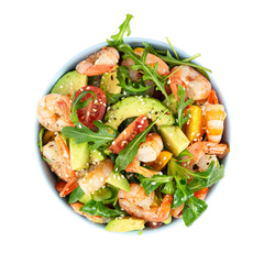 Salad with avocado, shrimp and arugula. Top view.