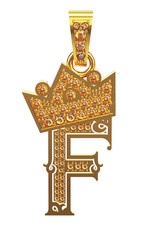 Letter F pendant, gold and diamond jewel, 3d rendering, 3d illustration