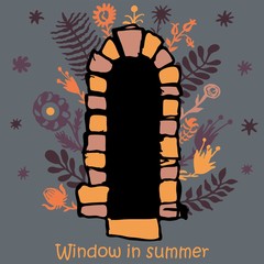 Ancient window vector illustration of flowers hand drawing silhouette
