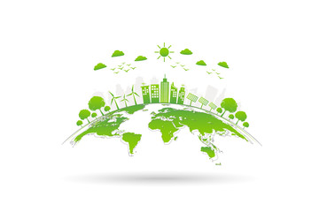 Ecology concept with green city on earth, World environment and sustainable development concept