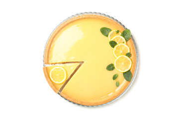 Tray with delicious lemon tart isolated on white background