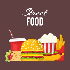 Street fast food posters or banner vector cartoon illustration. Soda drink and burger or hot dog sandwich and chicken nugget snack with french fries potato. Junk street fast food menu.
