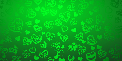 Background of big and small hearts with ornament of curls, in green colors