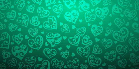 Background of big and small hearts with ornament of curls, in turquoise colors