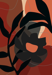 Modern abstract art design with organic shapes. Contemporary collage style design with hand drawn botanical elements and abstract shapes in trendy warm color palette. 