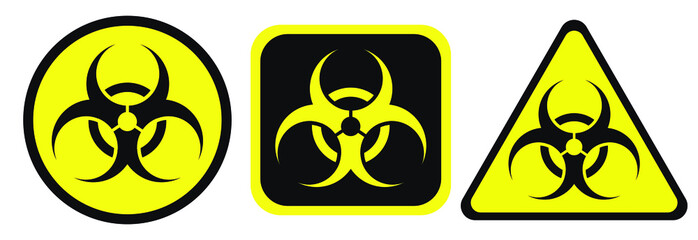 Biohazard warning black and yellow signs in circle, square and triangle shape. A biological hazard vector symbol isolated on white background.