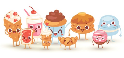 Group of lovely baby sweet and dessert doodle icon kawaii vector illustration. Cute cake, adorable candy, sweet macaroon, kawaii croissant, girly cookie in childlike manga cartoon style. Sweet pastry.