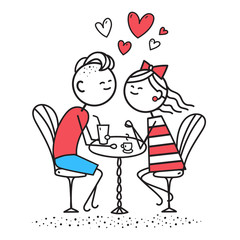 Lovers boy and a girl sit in cafe and drink coffee