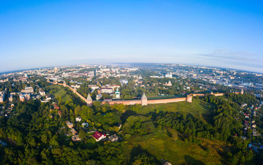 Panorama of the western wall of the Smolensk Kremlin and the old part of the city of Smolensk from a flight height on a summer morning, Russia.