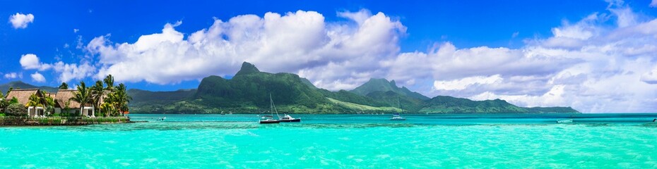 Amazing tropical island scenery. Beautiful Mauritius. View of Lion mountains in south near Mahebourg and luxury resort
