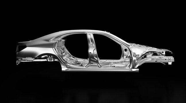 Side view of production sedan car stainless steel or aluminium body and chassis frame. Metallic vehicle framing base isolated against black background with reflections. 3D rendering illustration.
