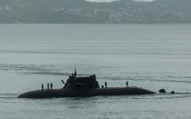 BERGEN NORWAY - 2015 MAY 28.  Nato drill with the Dutch navy submarine U36  Type 212A in the fjord...