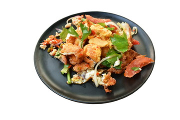 spicy batter fried egg slice with chop chicken meat Thai salad on plate