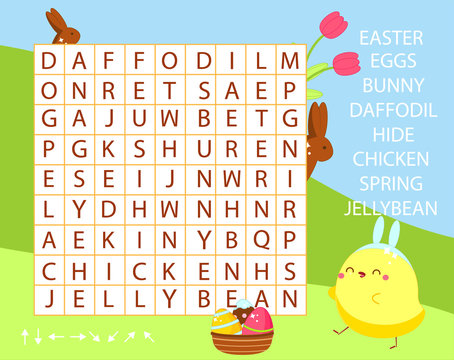 Educational game for children. Word search puzzle kids activity. Easter theme learning vocabulary.