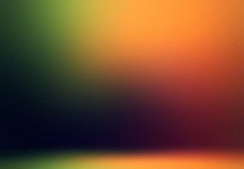3d background dark studio decorated green orange gradient. Blurred smooth wall and floor. Empty defocused template. Low light and deep shades.