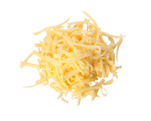 Pile of grated cheese isolated on white, top view