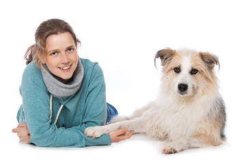 Woman with dog isolated on white