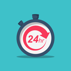 24 Hours. 24 7 service icon. The circular arrow in the stopwatch. Vector illustration flat design. Isolated on background. The concept of continuous service.