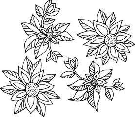 Set of hand drawn fantasy ornamental flowers, line art, sketch style	