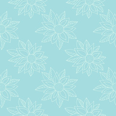Tender seamless pattern with fantasy ornamental flower. Hand drawn. On light blue background. Good for fabric, textile, wrapping paper, wallpaper, baby room, kitchen, packaging, paper, print, etc.