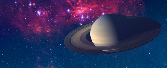 the planet saturn with spinning ring in the outer space and milky way galaxy stars background...