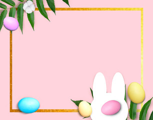 Happy Easter hunt concept with white paper bunny shape, colorful easter eggs and green leaves, golden frame on pink background. Holiday template design for sale offer or invitation card