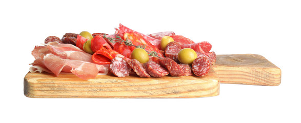Wooden board with tasty prosciutto and other delicacies isolated on white