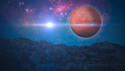 fantasy sci-fi landscape  on the earth with a huge planet in the sky during night elements of this image furnished by nasa