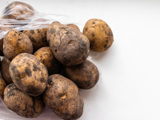 Dirty unwashed potatoes in a plastic bag. Lots of potatoes. Fresh potato with ground on the rind. dirty raw potatoes in large quantities, not washed. With place for your text, lettering.