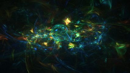 Naklejka na ściany i meble Abstract green and golden glowing shapes. Fantasy light background. Digital fractal art. 3d rendering.