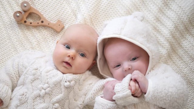 Twin Babies Playing Together On Cosy Knitted Blanket. Happy Childhood, Winter Or Fall Season, Coziness Concept. 