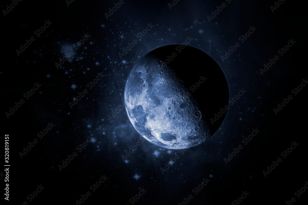 Wall mural planet earth satellite moon fly in the space with stars galaxy background elements of this image fur