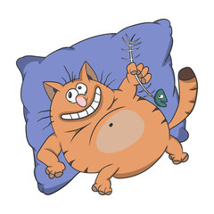 Cartoon fat lazy cat lies on a pillow and eats fish. vector illustration on a white background.