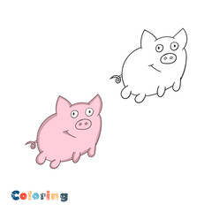 Cartoon little pig. Vector illustration in the form of coloring and color example.