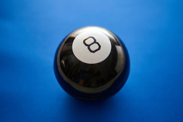 A ball of predictions with answers to questions on a blue background.