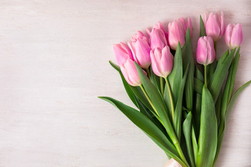 Beautiful pink spring tulips on white wooden background, top view. Space for text