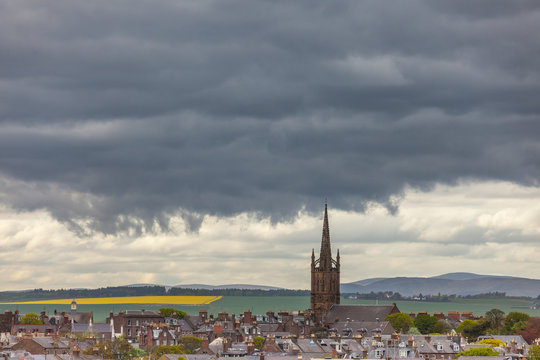 MONTROSE SCOTLAND - 2015 MAY 13. The landmark church steeple in Montrose City.