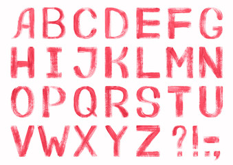 Latin alphabet with coral letters. Hand-painted illustration. English alphabet. Isolated on white background. pink-red textured font. Peeling paint texture. Gouache, oil or acrylic technique.