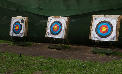 Three large archery targets at the dash
