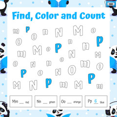 Find, Color and Count Alphabet Letters Math Game. Addition, Number Tracing Educational Worksheet. Coloring Book Page. Writing Skills Exercise. Vector Illustration.