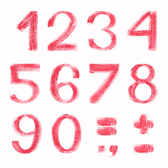 Hand painted coral number on white background. Isolated on white background. pink-red textured font. Hand-painted ctock illustration.  Peeling paint texture.  Gouache, oil or acrylic technique.