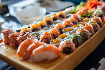 Japanese cuisine. Sushi set on a dish