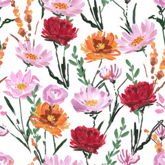 Materiał do szycia Colorful Hand drawn art brushed stroke garden blooming flowers seamless pattern vector EPS10 ,Design for fashion,fabric,web,wallpaper,wrapping,and all prints
