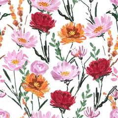 Schilderijen op glas Geschilderde Bloemen Colorful Hand drawn art brushed stroke garden blooming flowers seamless pattern vector EPS10 ,Design for fashion,fabric,web,wallpaper,wrapping,and all prints  © MSNTY_STUDIOX