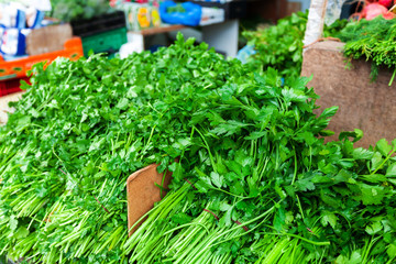 Fresh parsley on the counter in the bazaar